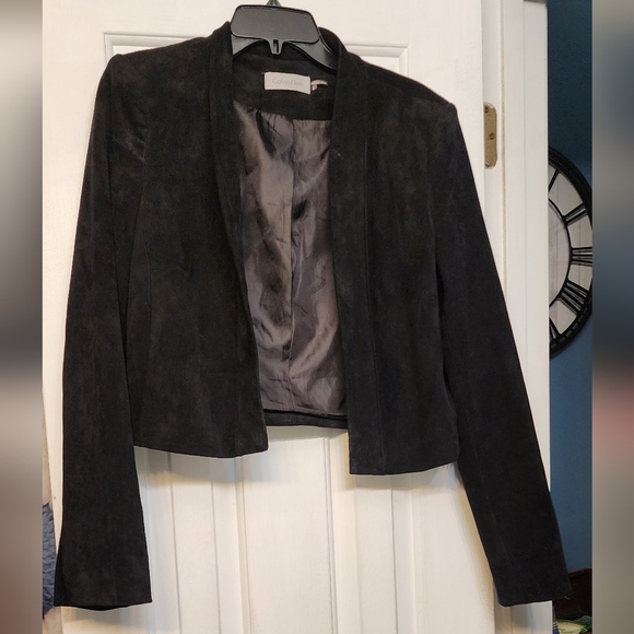 Calvin Klein Black Lined Faux Suede Cropped Open Front Blazer Large - Picture 2 of 4